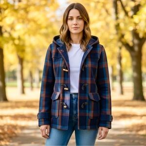 Adidas NEO Label Dark Blue plaid Jacket Wool blend zip front toggle buttons Med